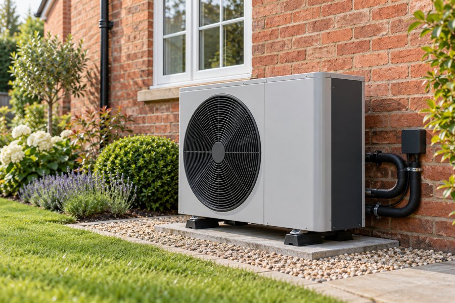Illustrative air-source heat pump beside a brick house